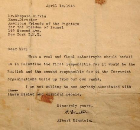 Einstein letter re. Jewish terrorism