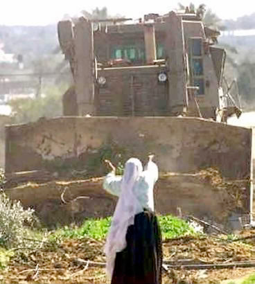 Palestinian woman facing tractor